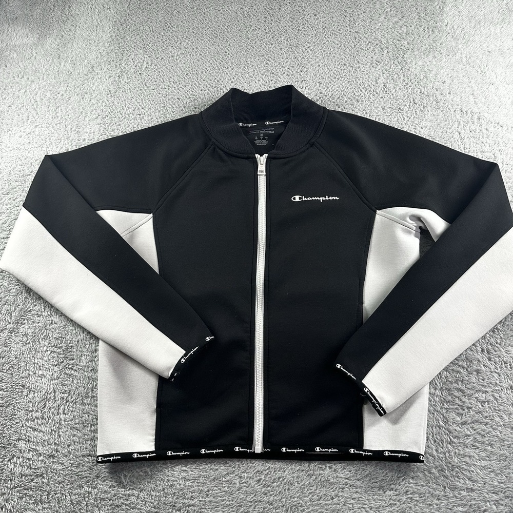 Champion Bomber Jacket Womens Medium Black White Color Block Spell Out Logo